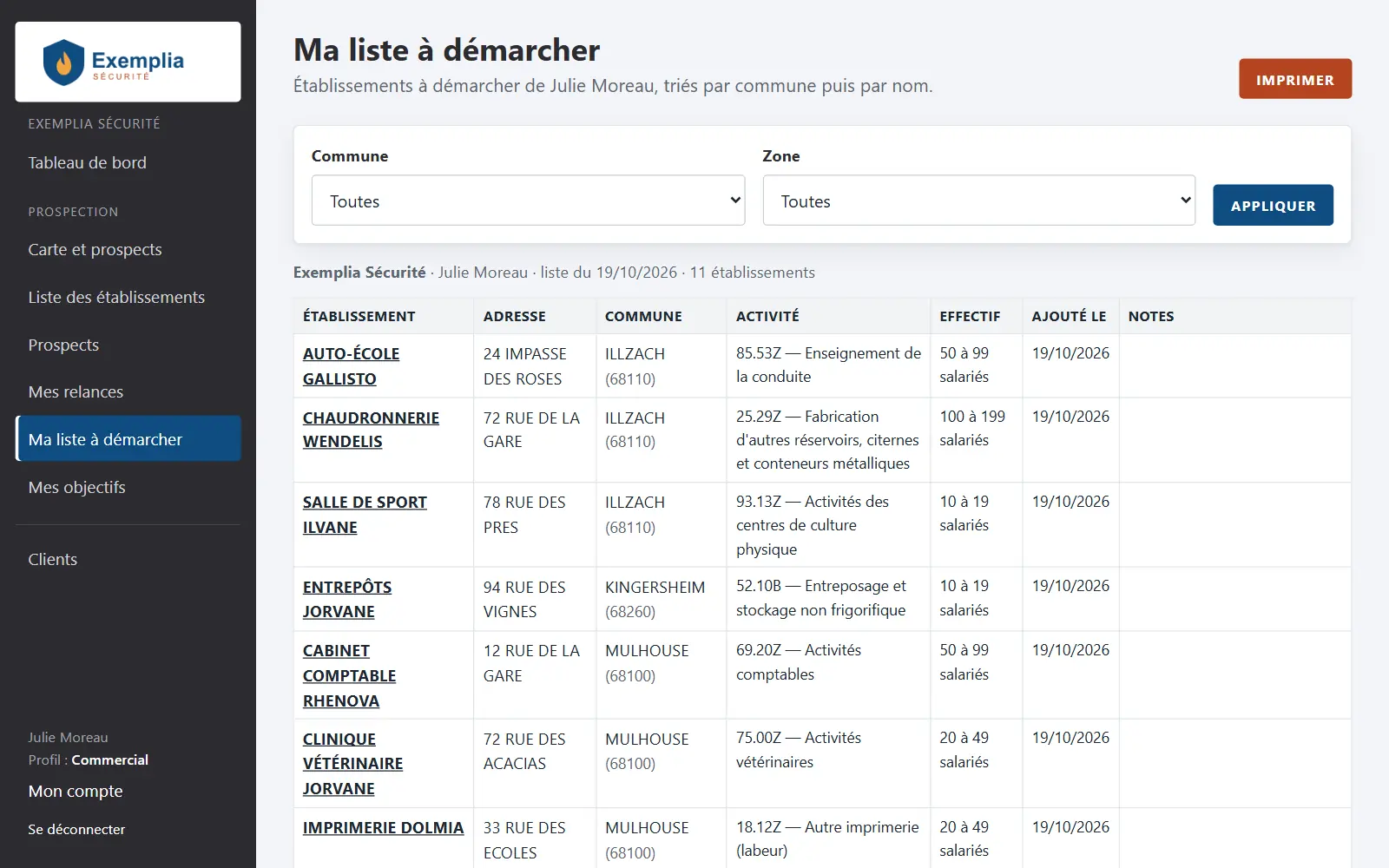 Écran « Ma liste à démarcher » d’une commerciale : filtres commune et zone, bouton Imprimer, tableau des établissements triés par commune (établissement, adresse, commune, activité, effectif, date d’ajout et colonne Notes).