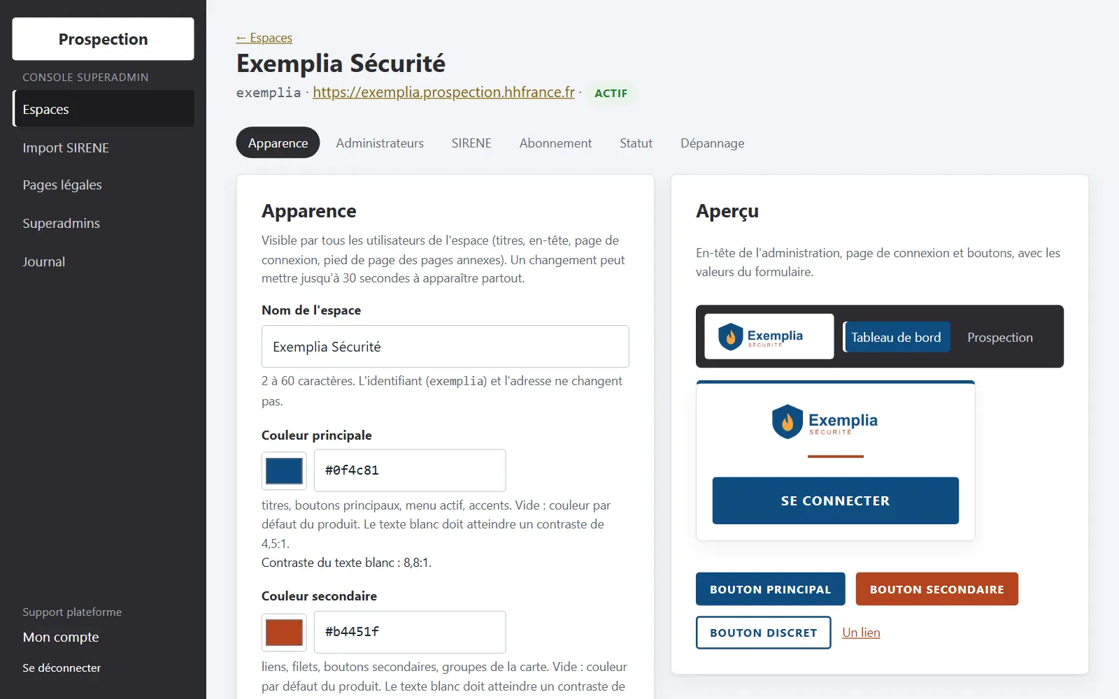 Réglage de l’apparence d’un espace : nom, couleur principale et couleur secondaire, avec l’aperçu de l’en-tête, de la page de connexion et des boutons aux couleurs et au logo de l’entreprise.