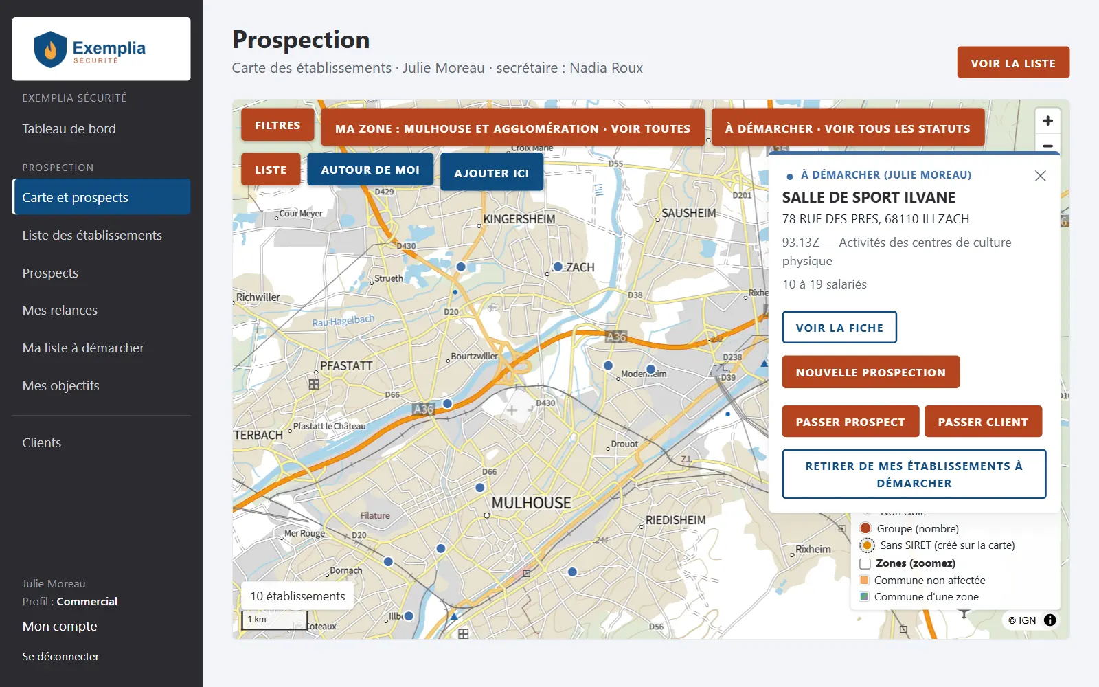 Carte d’une commerciale, zone « Mulhouse et agglomération », avec son filtre par défaut « À démarcher » : ses établissements à démarcher en points bleus, et l’aperçu de l’un d’eux avec ses boutons Voir la fiche, Nouvelle prospection, Passer prospect, Passer client et Retirer de mes établissements à démarcher.