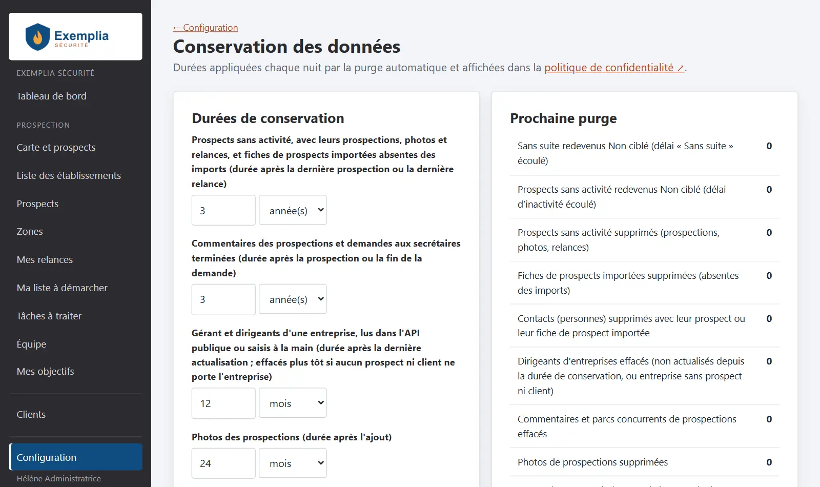Écran « Conservation des données » : durées de conservation réglables et aperçu de la prochaine purge, élément par élément.