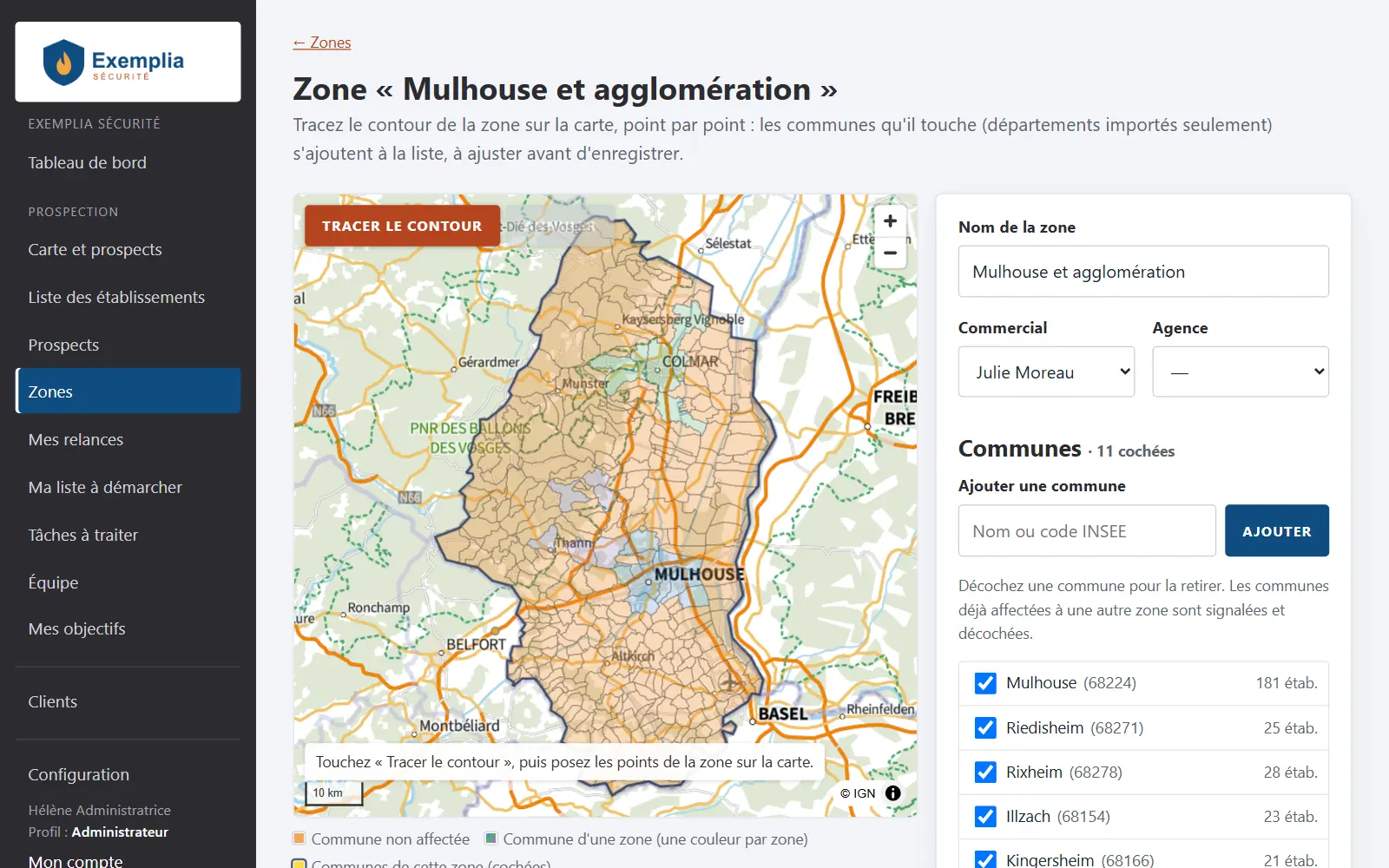 Écran d’une zone : carte du Haut-Rhin où les communes de chaque zone sont colorées, et liste des communes cochées de la zone « Mulhouse et agglomération » avec leur nombre d’établissements.